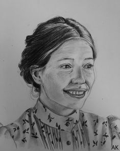 a black and white drawing of a woman with a smile on it's face