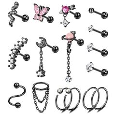 an assortment of different piercings on a white background