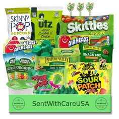 an assortment of snacks are displayed on a green box with the words sewiit care usa