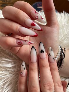 Red And Black Nails Ideas, Black And Red Nails Ideas, Red And Black Nail Designs, Punk Nails, Gothic Nails, Goth Nails, Soft Nails, Red Nail, Heart Nails