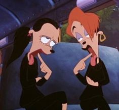 two cartoon characters with their mouths open in front of a mirror, one has her mouth open and the other is frowning