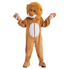 a man in a lion costume is standing with his hands out to the side,