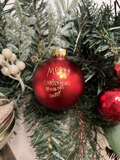 red christmas ornament with children's handwriting on it Handwriting, Wooden Toys