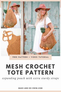 the mesh crochet tote pattern is shown in three different pictures and includes instructions for