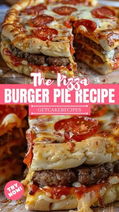 the pizza burger pie is cut in half and stacked on top of each other with tomatoes