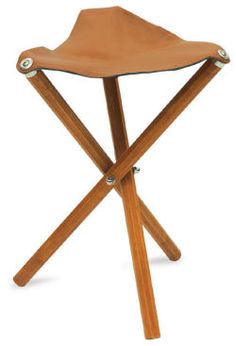 a wooden stool with leather seat and legs