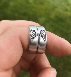 "The double skeleton pinky swear stacking ring set, for couples, best friends, or siblings living apart, or even as a going away gift. MATCHING NECKLACES: https://www.etsy.com/listing/1109806550/ DETAILS: -Two Matching Rings -Each ring is hand stamped -Ring is Aluminum, Sterling Silver, Fine Silver, Rose Gold Filled, or 14k Gold Filled -6mm in thickness You will receive two hand-stamped rings filled with a black enamel finish. **Every item is handmade, this means that each will be unique and may Pinky Promise Ring, Matching Necklaces For Couples, Matching Promise Rings, Cute Promise Rings, Skeleton Ring, Matching Couple Rings, Best Friend Rings, Pinky Swear, Hand Stamped Ring