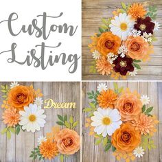 three different pictures of flowers with the words custom listing written in white, orange and red