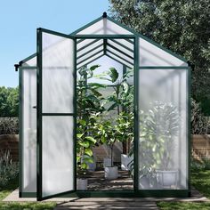 a green house with potted plants in it