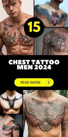 the chest tattoo for men is shown in several different pictures, including one with an eagle and