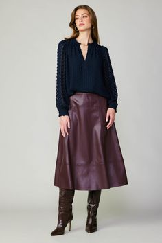 Done in a rich burgundy shade, this paneled midi skirt is cut from supple vegan leather. It's one of those pieces that can easily take you from day to night. The partially elasticized waistband keeps it feeling comfortable. •Elasticized back waist •Paneled design •Midi length item number 2350188 55% PU 45% POLYESTER Outfit With Leather Skirt, Skirt Outfits For Fall, Leather Skirt Outfits, Vegan Leather Midi Skirt, Cold Time, Leather Skirt Outfit, Girly Acrylic, Faux Leather Midi Skirt, Elegant Boots