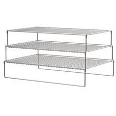 three tiered metal shelf unit with four shelves on each side and one shelf below