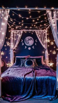 a purple bed with stars and moon decorations on the headboard is lit up by string lights