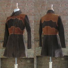 "○ 1960s mod two tone brown suede jacket ○ fit & flare \"princess\" silhouette ○ peter pan collar ○ cinched waist ○ chocolate brown & tawny brown color blocking ○ white top stitching ○ hip pockets ○ six button closure ○ jacket is fully lined ○ label: Gassy Jack ○ era: 1960s ○ fabric: suede ○ condition: excellent! ○ this is a vintage item and there is ONLY one! :: measurements :: ✂---------------------- ✿ bust 36\" (91cm) ✿ waist 32\" (81cm) ✿ hip 40\" (101cm) ✿ length 32\" (81cm) ✿ shoul Fitted Vintage Brown Outerwear For Fall, Fitted Vintage Brown Outerwear For Winter, Fitted Brown Outerwear With Suede Overlays, Fitted Vintage Fall Outerwear, Fitted Vintage Outerwear For Fall, Retro Brown Outerwear For Vintage Fashion, Brown Vintage Fashion Outerwear For Fall, Brown Outerwear For Fall Vintage Fashion, Fitted Suede Outerwear For Fall