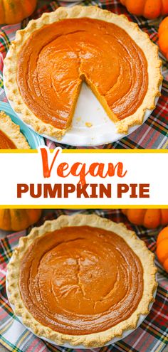 vegan pumpkin pie on a plaid table cloth