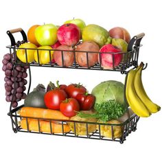 two tiered metal fruit and vegetable rack with apples, bananas, oranges, grapes, pears