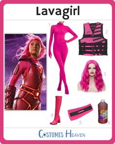 the costume is pink and has red hair