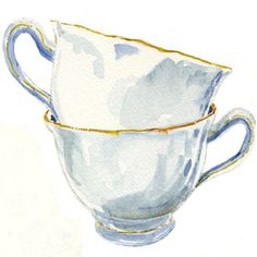 a watercolor painting of two cups with flowers in the background