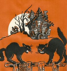 two black cats are on a fence in front of a house with a full moon