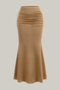 Indulge in the exquisite elegance of our High Waist Pleated Fish Tail Skirt. With a stunning ruched detail and a sophisticated mermaid silhouette, this skirt effortlessly accentuates your natural waistline and falls gracefully at midi length. The medium stretch knitted fabric adds comfort and versatility to this luxurious piece. Perfect for any occasion, this skirt is a must-have for those with a taste for the finer things in life. No sheerness, just sheer perfection. 95% Polyester, 5% Elastane Ruched Maxi Skirt For Formal Occasions, Elegant Ruched Maxi Skirt For Formal Occasions, Elegant Ruched Maxi Skirt For Formal Events, Ruched Long Evening Skirt, Evening Ruched Long Skirt, Evening Long Skirt With Ruched Details, Evening Long Ruched Skirt, Ruched Draped Long Skirt For Formal Occasions, Formal Ruched Long Draped Skirt