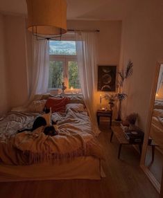 a cat laying on top of a bed next to a window in a room with wooden floors