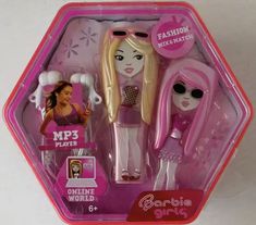 the barbie dolls are in their pink plastic case and have hair accessories on them for girls to wear