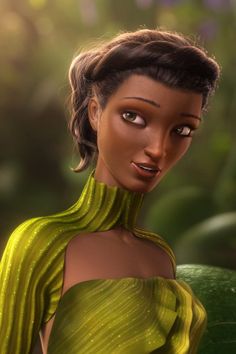 a digital painting of a woman in a green dress looking at the camera with her eyes wide open