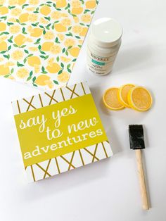 an assortment of items that include lemons, toothbrush and lip balm on a white surface