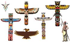 an assortment of native american totema designs on a white background, including one eagle and the other bird