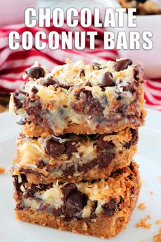 three chocolate coconut bars stacked on top of each other with the title in the middle