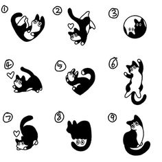 black and white cat stickers on a white background with the words love in different languages