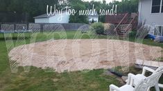 an empty backyard with lawn chairs and a large sand pit in the middle that says, why go much said?