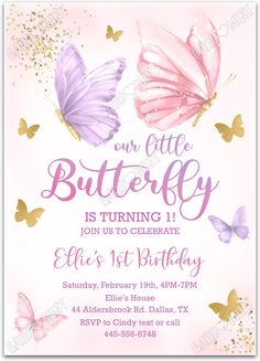 a pink and purple butterfly birthday party with gold glitters on the bottom, butterflies flying around