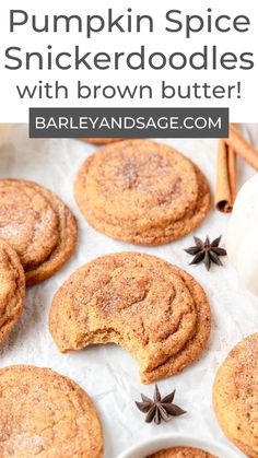 pumpkin spice snickkerdoodles with brown butter in the middle and cinnamon sprinkles on top