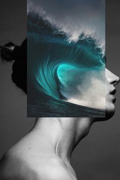 a woman's face is shown with an image of a wave in the background