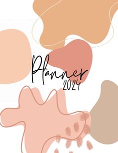 the words planner written in black ink on a white background with pink and orange shapes