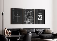 three black and white photos hang on the wall above a couch in a living room