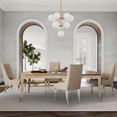 a dining room table and chairs with arched windows in the back ground, along with an area rug on the floor