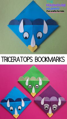 an origami bookmark made out of paper with the title trickeratops bookmarks