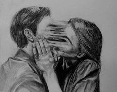 a pencil drawing of two people kissing each other with their hands on their faces,