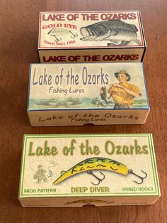 Lake of the Ozarks fishing decor lake house cabin. Lure boxes make great cabin decorations. THREE (3) fishing lure boxes that look like they fell right out of the 1950's. These are some of the things that friends and family will remember about their times at the lake house. Their memories and these boxes will last a lifetime. Yep, you get all 3 boxes. They are each 4 3/4 inches long. LURES NOT INCLUDED Cabin Decorations, Lake House Cabin, Lake Of The Ozarks, Cabin Christmas, The Lake House, The Ozarks, Fishing Decor, House Cabin, Gold Eyes