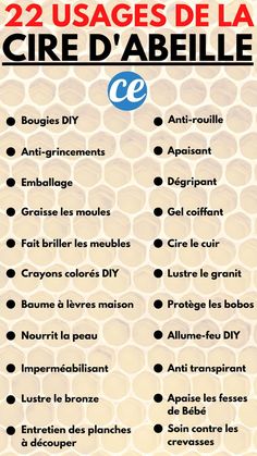 a poster with the words 22 usages de la cire d'abeille