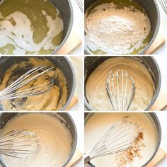 four pictures showing how to make batter in a pan with whisk attachments