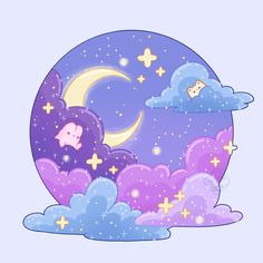 the moon and stars are in the sky above some clouds with little pigs on them