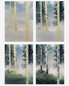 four paintings of trees in the snow with yellow strips on each one side and blue sky behind them