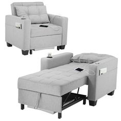 two recliners and a couch with an electronic device on the arm rester