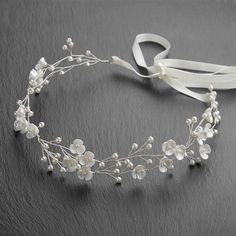 Handmade Bridal Headband with Cream Flowers and Pearls Vine Headband, Crystal Bridal Headband, Silver Hair Vine, Flowers And Pearls, Floral Wedding Hair, Floral Tiara, Ball Ideas, Pearl Hair Vine, Pearl Bridal Headband