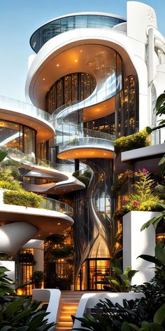 an architecturally designed building with spiral staircases and plants growing on the side of it