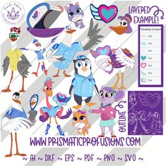 an image of various cartoon birds with hearts and other things to see in the background