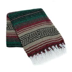 a green and red scarf with fringes